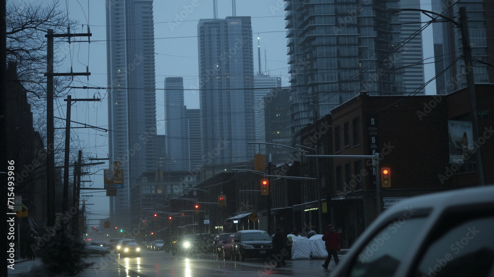
city of Toronto in the bleak of winter, struggling crowd full of homeless and in the freezing cold without shelters, dawn, people giving out foods and clothes, kids are left on the street, luxury car