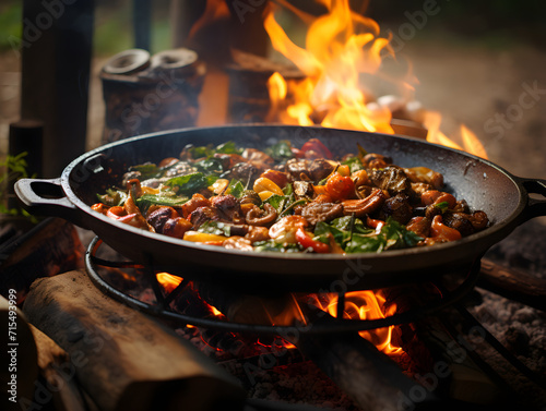 A large wok on a camp fire with meat being cooked