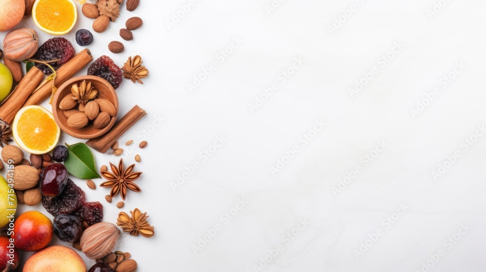 Ramadan Background - Collection of Ramadan Fruits and Nuts on white background, flat lay. copy space - generative ai Ramadan Background - Collection of Ramadan Fruits and Nuts on white background, flat lay. copy space - generative ai