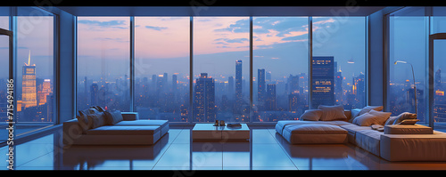 A modern living room offers stunning city views through large windows, with sleek furnishings for relaxing