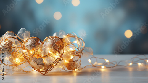 Saint Valentine day greeting card with hearts against festive blue bokeh background.