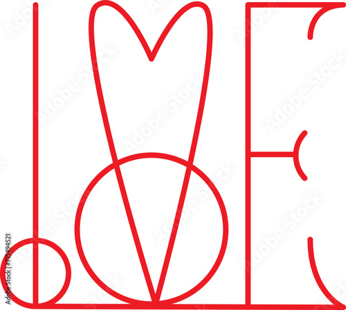 stylized word love in red on a white background.The letter "v" is in the form of a heart.Lettering.Calligraphy.