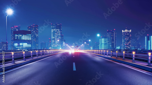 Highway road on the bridge at night on city view background. 