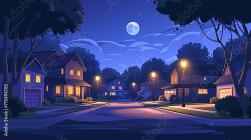 Urban or suburban neighborhood at night houses with lights late evening or midnight.  photo