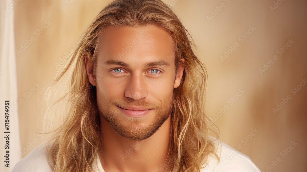 Elegant sexy smiling Caucasian blond man with blond and long hair with perfect skin, on a beige cream background, banner. Elegant sexy smiling Caucasian blond man with blond and long hair with perfect skin, on a beige cream background, banner.