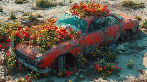 CG animation of an abandoned car in a desolate area, colorful flowers blooming inside the car, a circle of sand formed around the rustic car.