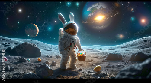 photo of the first easter bunny in white space suit on the moon