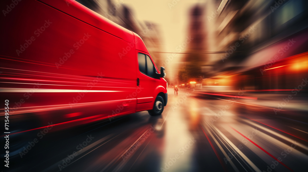 Fototapeta premium Delivery van delivers fast in a city