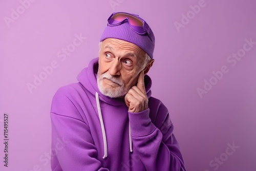 Elderly man wearing violet sporty hoodie vivid style. Funny mature retired person. Generate Ai