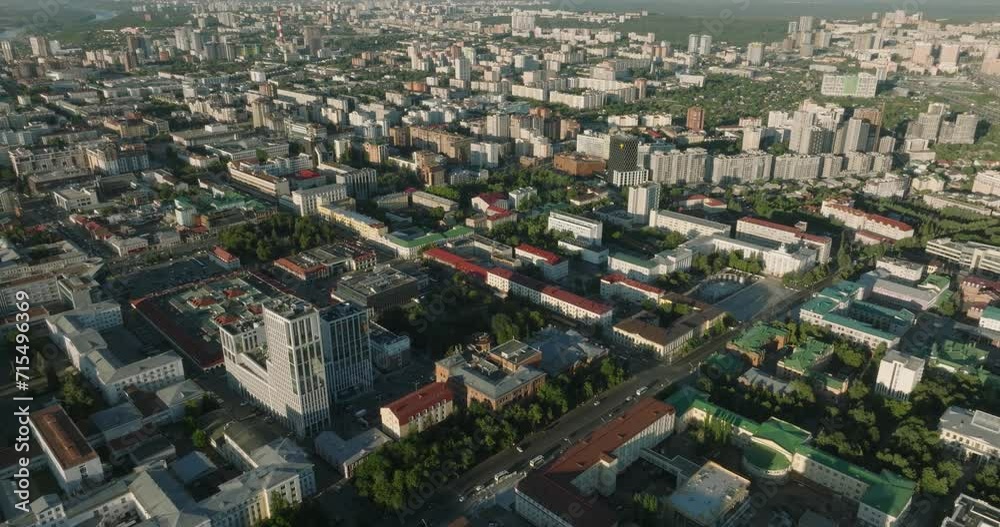 Ufa capital Republic of Bashlortostan, Russia. Cityscape aerial drone view on City Center, beautiful aerial view at summer sunny sunset