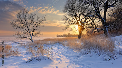 A snow covered beach contrasts with warm sunset tones behind trees and dry grasses, creating a tranquil peaceful scene