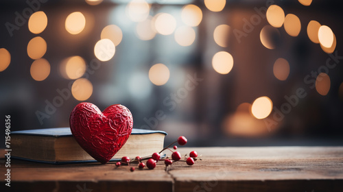 red hearts and open book on wooden table photo