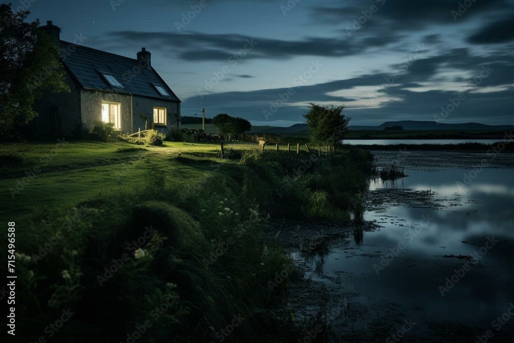 Nighttime view of a farmhouse in the Irish countryside by the riverside. Generative AI