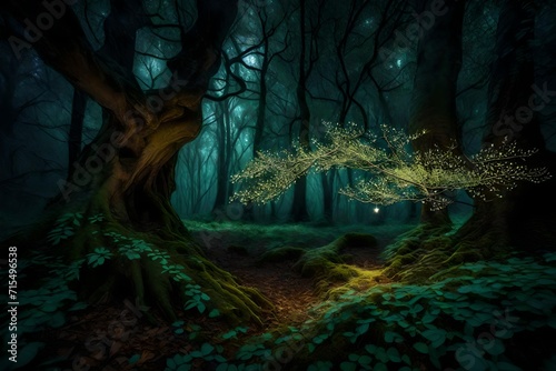 natural greenery in the dark night in the open blue sky shinning with moon lights dark green cave with little light crossing from the cave under the majestic sky and greenery abstract night green 