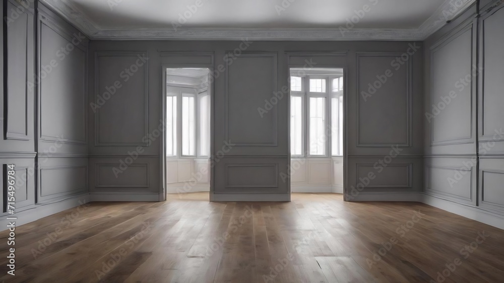 Obraz premium Gray wall in an empty room with a wooden floor