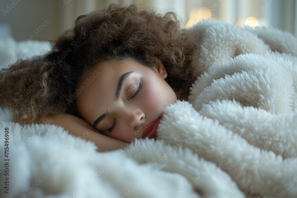 Woman peacefully sleeping in bed, enveloped by a luxurious white fluffy blanket, showcasing a contemporary DIY aesthetic with African influence