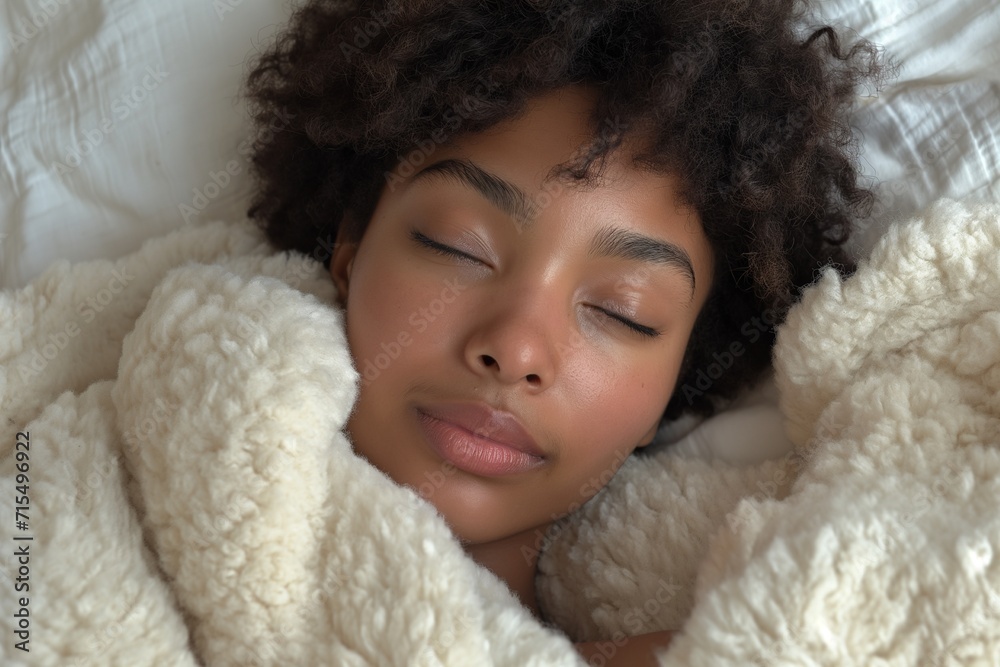 Woman peacefully sleeping in bed, enveloped by a luxurious white fluffy blanket, showcasing a contemporary DIY aesthetic with African influence Woman peacefully sleeping in bed, enveloped by a luxurious white fluffy blanket, showcasing a contemporary DIY aesthetic with African influence