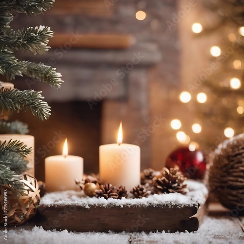 Winter cozy background with festive decor details  snow on a wooden table and bokeh. the concept of a festive atmosphere at home.