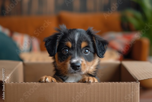 An open box with a cute puppy peeking out. Classic living room interior in the background © yevgeniya131988