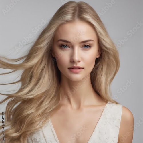 Beautiful model with long smooth, flying blonde hair isolated on white studio background. young caucasian model with well-kept skin and hair blowing on air.
