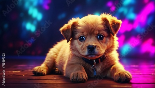 A playful puppy set against a neon-lit background, adding a vibrant and colorful touch to the scene