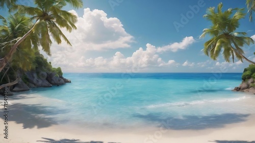 Beautiful tropical empty beach sea ocean with white cloud on blue sky background © Wix