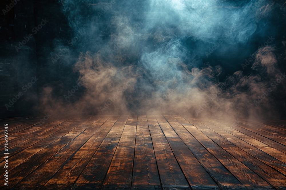 Dramatic Wooden Stage with Mist, Vintage Planks as a Mysterious Backdrop for Product Unveiling - obrazy, fototapety, plakaty 