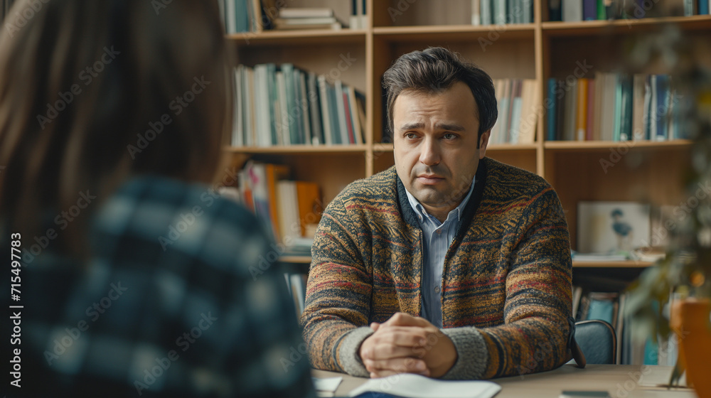 Professional psychologist in an office, sitting across from a patient - obrazy, fototapety, plakaty 