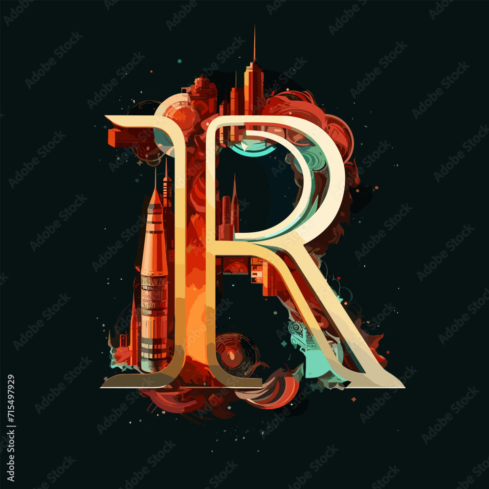 R letter with flying rocket ship silhouette icon. the combination of ...