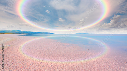 Fototapeta Naklejka Na Ścianę i Meble -  Beautiful landscape with pink salt lake abstract rounded rainbow in the background