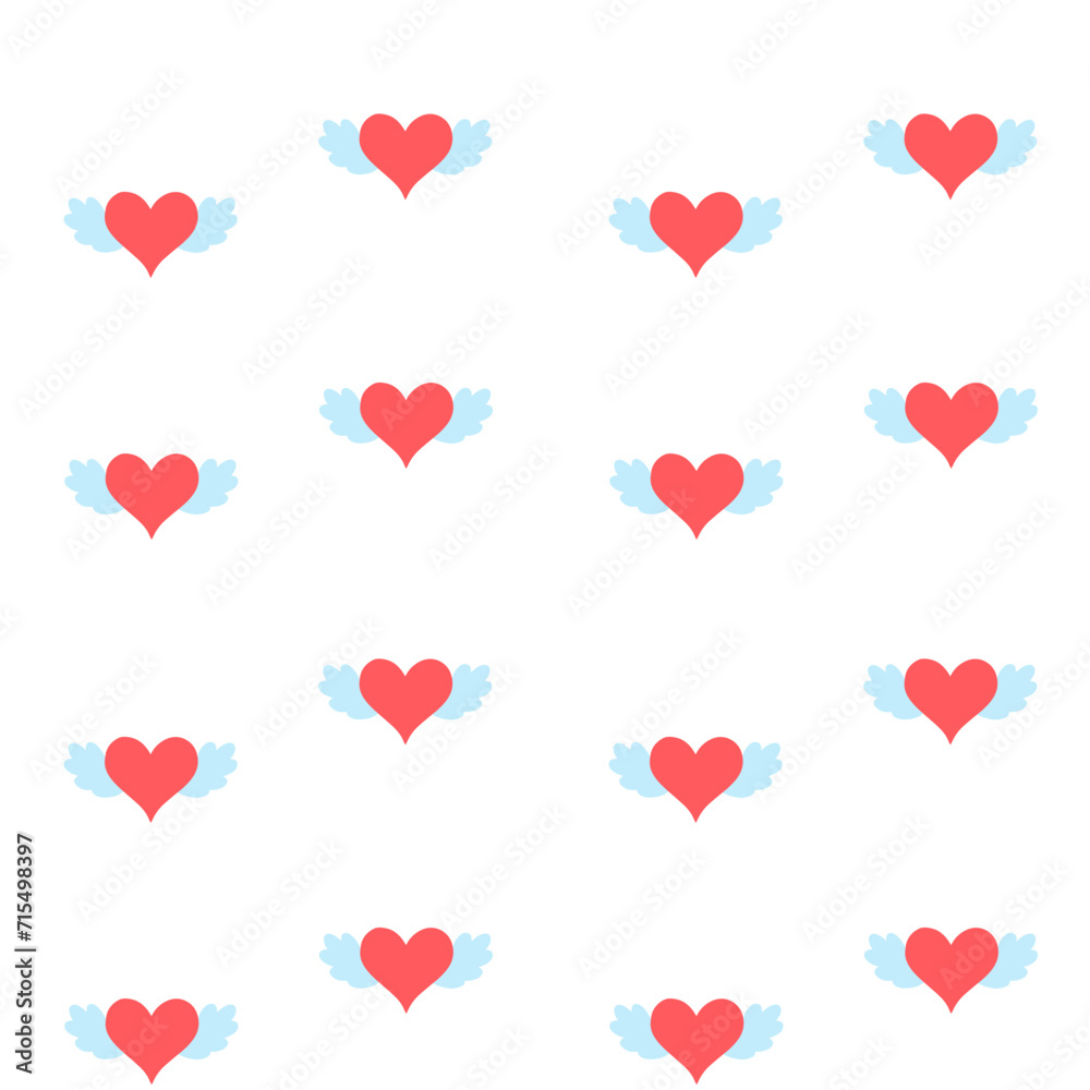 Flying hearts with wings vector seamless pattern for St Valentines Day, February 14th. Love cute background, wallpaper, print, textile, fabric, wrapping paper, packaging design