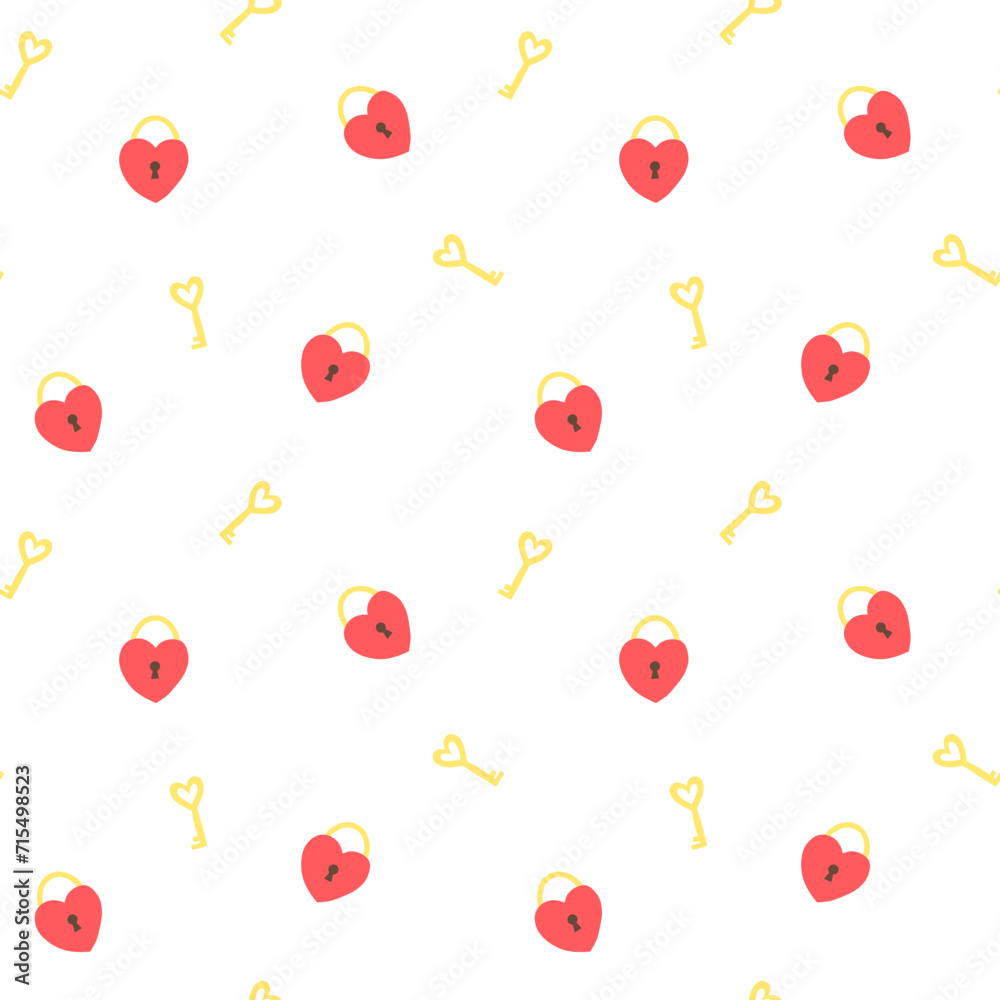 Hearts and keys vector seamless pattern for St Valentines Day, February 14th. Love cute background, wallpaper, print, textile, fabric, wrapping paper, packaging design