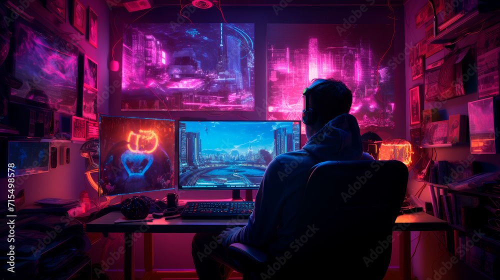 A gamer in a room with a multi-monitor setup plays at night, surrounded by game posters and lighting. Gaming cyber sports rooms and sets. Generation alpha. Gaming addiction A gamer in a room with a multi-monitor setup plays at night, surrounded by game posters and lighting. Gaming cyber sports rooms and sets. Generation alpha. Gaming addiction