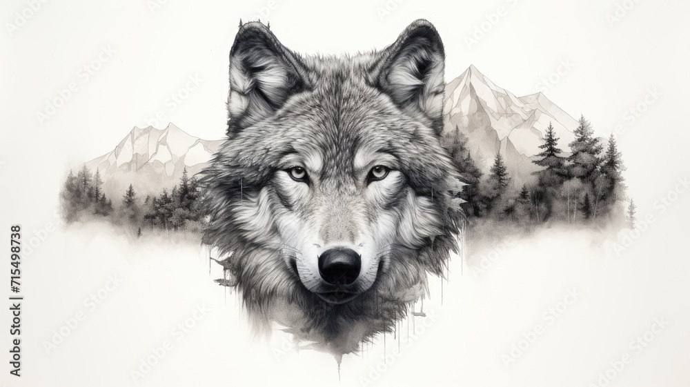 Obraz premium a wolf's face overlaid with forest trees, mountains, and a full moon in the sky, a photo-realistic graphite pencil and charcoal design with dynamic lighting against a white background.