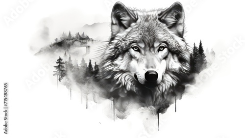 a wolf's face overlaid with forest trees, mountains, and a full moon in the sky, a photo-realistic graphite pencil and charcoal design with dynamic lighting against a white background.