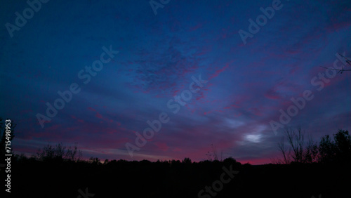 Vibrant sunset seen from the wild forest. Pastel colors in the evening sky. Cloud formations in abstract shapes