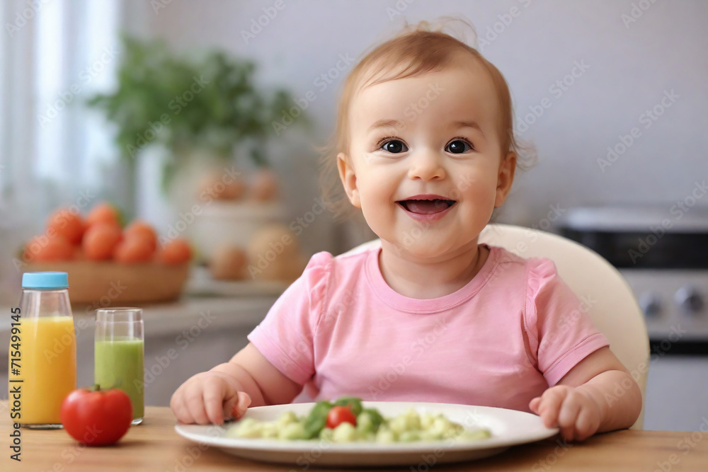 Cute little baby girl eating vegetable salad in the kitchen at home Cute little baby girl eating vegetable salad in the kitchen at home