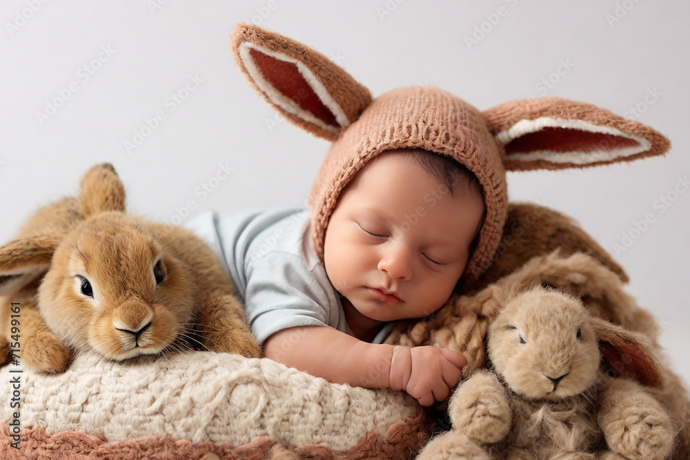 Cute little baby with bunny toy on white background, closeup