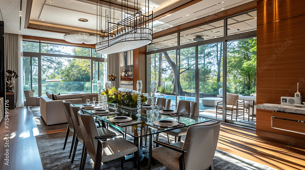 A spacious dining room features a modern glass table set for a meal beneath a chandelier near large windows