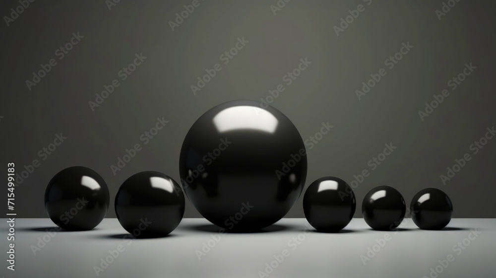 3D black spheres of different sizes and transparency. Dark colour palette. Abstract background. Generative AI