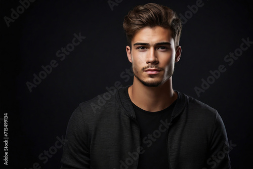 Portrait of handsome young man on black background. Men's beauty, fashion.