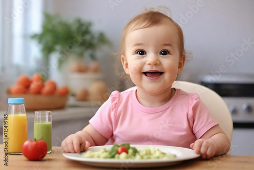 Cute little baby girl eating vegetable salad in the kitchen at home