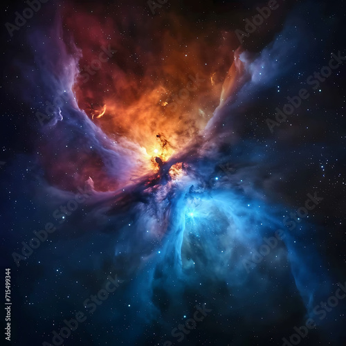 A vibrant nebula glows amidst dust and gas lit by the radiant energy of a bright central star in the vast cosmos. © Simo