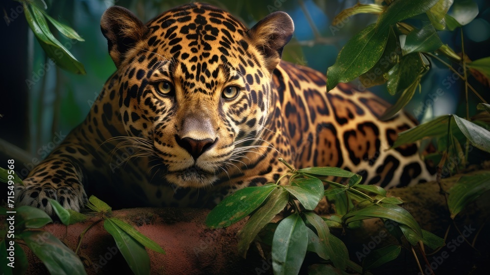 epic trees from a ground-level view in the Brazilian Rainforest, with an enchanting leaf cover and the inclusion of a Jaguar resting on a branch, showcasing the shiny realism of the big cat's eyes. epic trees from a ground-level view in the Brazilian Rainforest, with an enchanting leaf cover and the inclusion of a Jaguar resting on a branch, showcasing the shiny realism of the big cat's eyes.