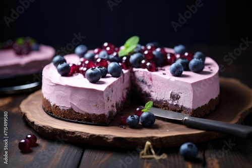 Blueberry mousse cheesecake set on a plate with blueberries. photo