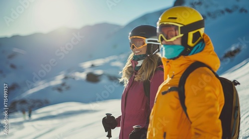 Young couple skiing in the mountains