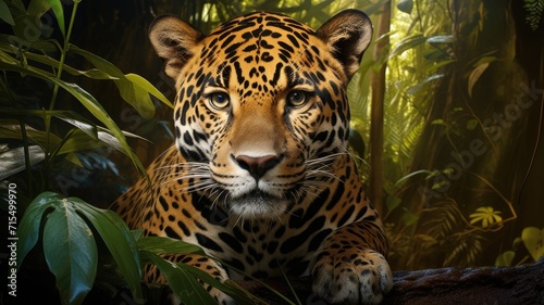 epic trees from a ground-level view in the Brazilian Rainforest  with an enchanting leaf cover and the inclusion of a Jaguar resting on a branch  showcasing the shiny realism of the big cat s eyes.
