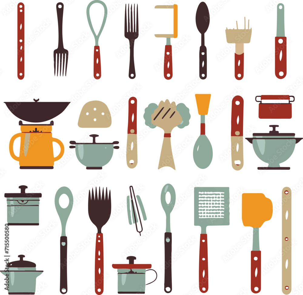 Vector icons of kitchen utensils and tools like knives, forks, spoons, and chef hats for a culinary-themed set Vector icons of kitchen utensils and tools like knives, forks, spoons, and chef hats for a culinary-themed set