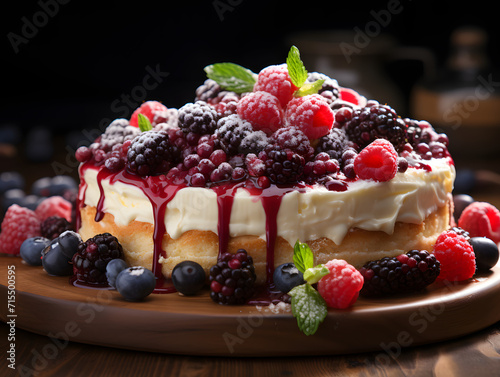 A large cheesecake with fresh berries on a wooden surface