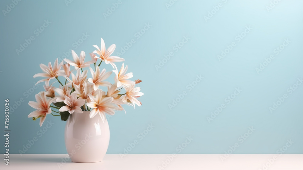 Soft home decor, white jug, vase with white small flowers on a white vintage wall background and on a wooden shelf. Interior. Soft home decor, white jug, vase with white small flowers on a white vintage wall background and on a wooden shelf. Interior.